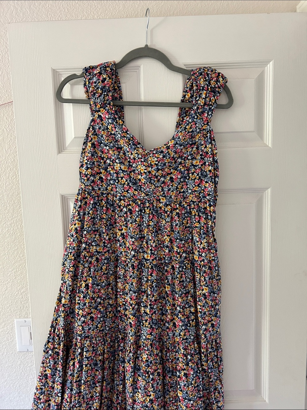 Navy Floral Tiered Maxi Dress with Pink and Yellow Blooms